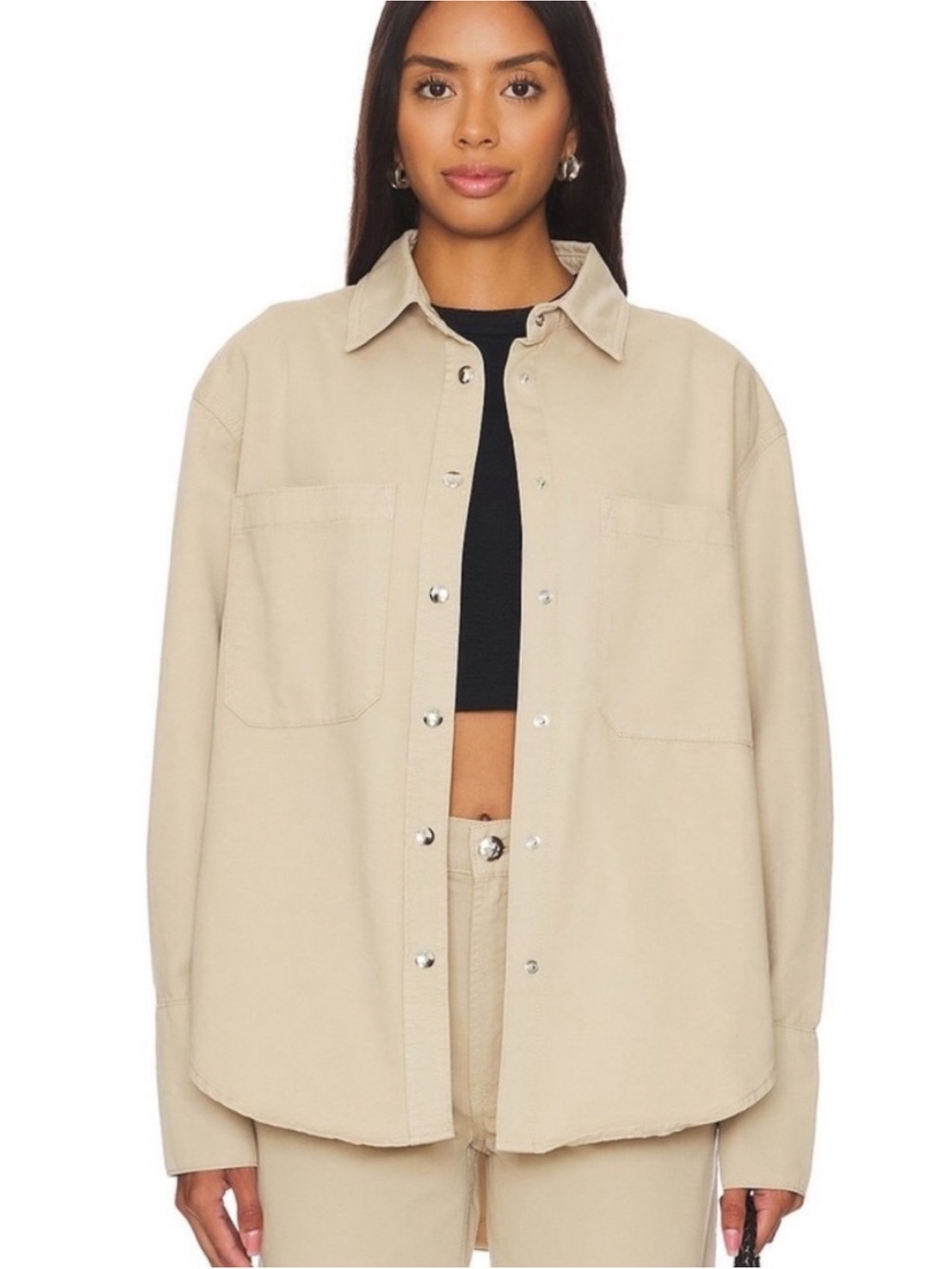 Anine Bing Beige Dante Oatmeal Snap Button Front Shirt Size L